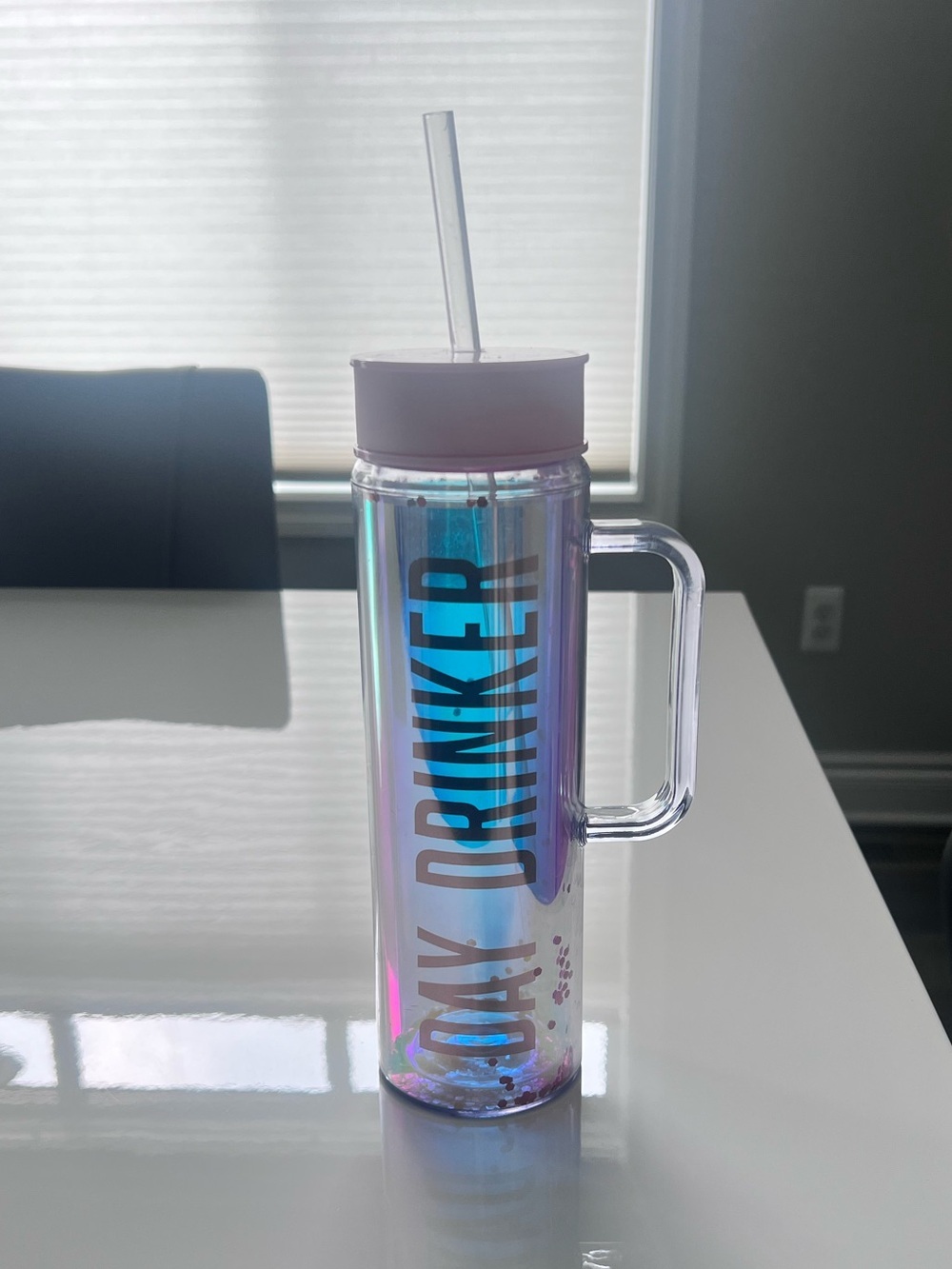 Holographic 'Day Drinker' Handle Plastic Tumbler with Plastic Straw - Pink Lid